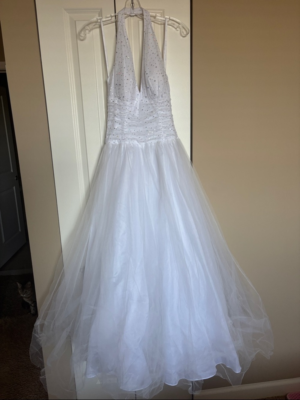 Blondie Nites White Gown fitted Haltered-Top with silver shimmering dots detail